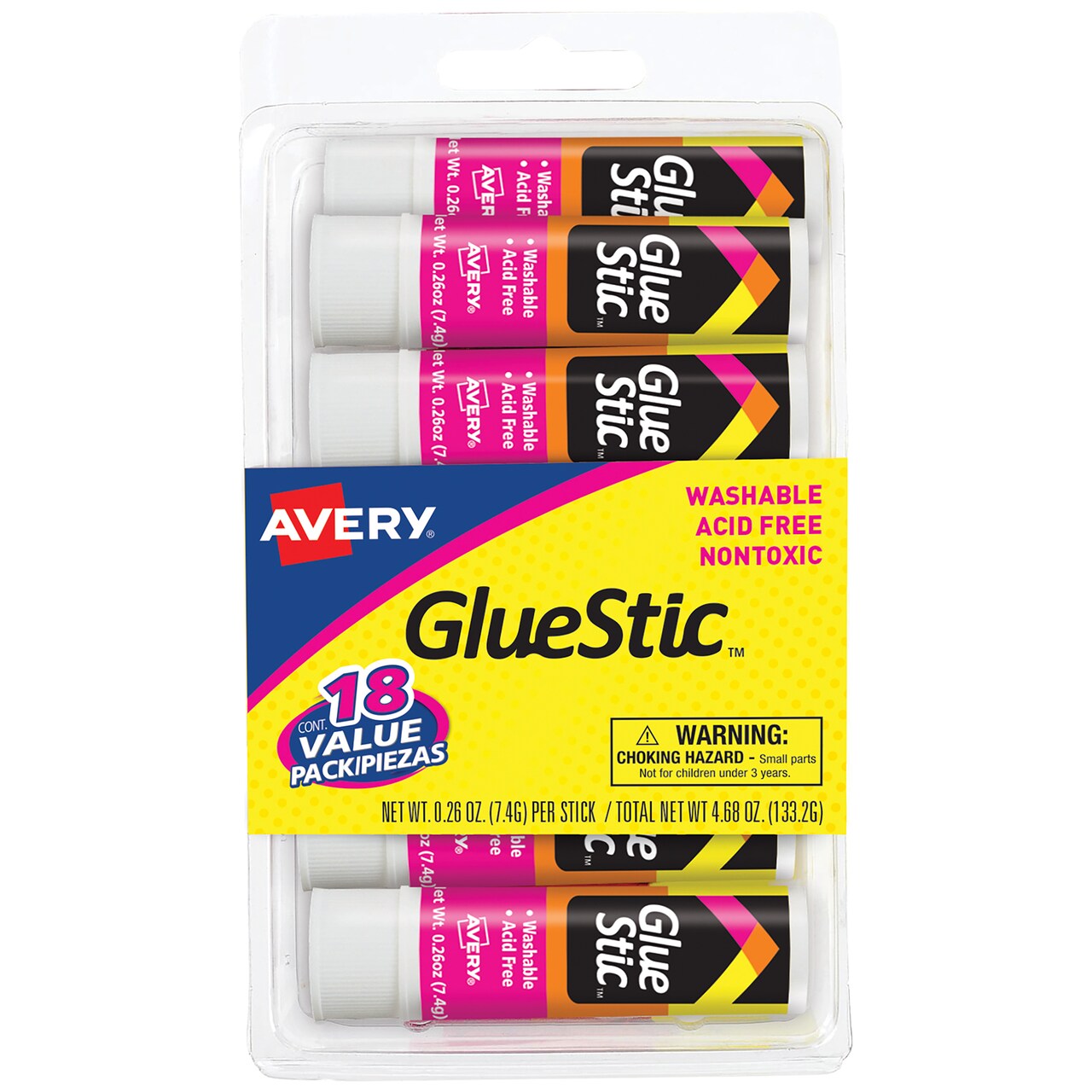Avery Glue Stic Value Pack, White, Washable, Nontoxic, 0.26 oz., 18  Permanent Glue Sticks (98089)